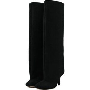 Women's Black Wide Calf Square Toe Stiletto Heels Knee High Suede Boots